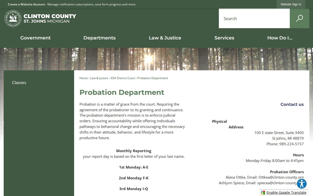 Clinton County probation reporting schedule and contact details
