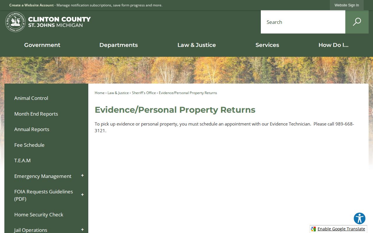 Clinton County release evidence and personal property return information