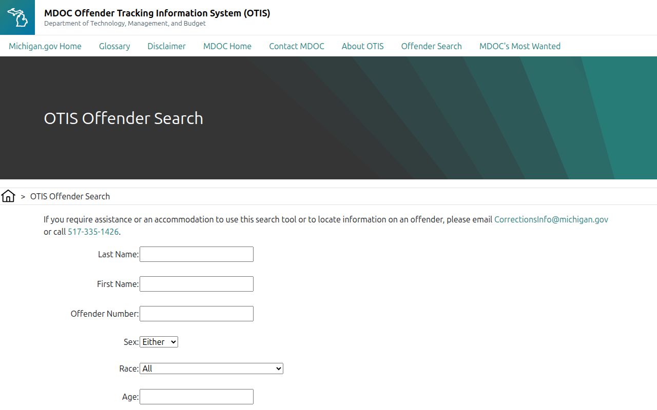Clinton County released inmates Michigan OTIS offender search fields